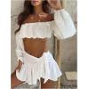 image:imageMakeMeChic Womens 2 Piece Fall Outfits Off The Shoulder Long Sleeve Crop Tops and Mini Skirt Clothing SetWhite