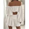 image:imageMakeMeChic Womens 2 Piece Fall Outfits Off The Shoulder Long Sleeve Crop Tops and Mini Skirt Clothing SetWhite