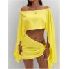image:imageMakeMeChic Womens 2 Piece Fall Outfits Split Sleeve Asymmetrical Crop Tops and Mini Skirts Clothing SetYellow