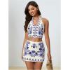 image:imageMakeMeChic Womens 2 Piece Skirt Set Cowboy Chic Halter Linen Vacation Set Floral Embroidery OutfitsBlue