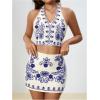 image:imageMakeMeChic Womens 2 Piece Skirt Set Cowboy Chic Halter Linen Vacation Set Floral Embroidery OutfitsBlue