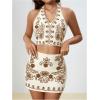 image:imageMakeMeChic Womens 2 Piece Skirt Set Cowboy Chic Halter Linen Vacation Set Floral Embroidery OutfitsBrown