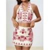 image:imageMakeMeChic Womens 2 Piece Skirt Set Cowboy Chic Halter Linen Vacation Set Floral Embroidery OutfitsRed