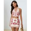 image:imageMakeMeChic Womens 2 Piece Skirt Set Cowboy Chic Halter Linen Vacation Set Floral Embroidery OutfitsRed