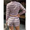 image:imageMakeMeChic Womens 2 Piece Spring Outfits Striped Long Sleeve Button Down Crew Neck Cardigan and Mini Shorts SetMulticolor
