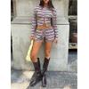 image:imageMakeMeChic Womens 2 Piece Spring Outfits Striped Long Sleeve Button Down Crew Neck Cardigan and Mini Shorts SetMulticolor