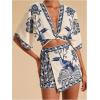image:imageMakeMeChic Womens 2 Piece Summer Set Boho Floral Crop Tops Wrap Skort Beach Vacation OutfitsBlue and Khaki