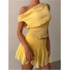 image:imageMakeMeChic Womens 2 Piece Y2k Outfit Off The Shoulder Shirred Crop Tops and Mini Skirt SetYellow