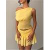 image:imageMakeMeChic Womens 2 Piece Y2k Outfit Off The Shoulder Shirred Crop Tops and Mini Skirt SetYellow