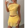 image:imageMakeMeChic Womens 2 Piece Y2k Outfit Off The Shoulder Shirred Crop Tops and Mini Skirt SetYellow