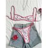image:imageMakeMeChic Womens Boho Micro Thong Bikini Sets Cheetah Gingham High Cut Sexy Cute Bathing Suit SwimsuitFloral Red White