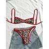 image:imageMakeMeChic Womens Boho Micro Thong Bikini Sets Cheetah Gingham High Cut Sexy Cute Bathing Suit SwimsuitLeopard Brown Red