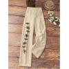 image:imageMakeMeChic Womens Fall Floral Straight Leg Linen Pants Drawstring Waist Low Waisted Boho TrousersApricot