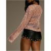 image:imageMakeMeChic Womens Sequin Crochet Sheer T Shirt Swimsuit Cover Up Beach Hollow Out Long Sleeve TopsPink