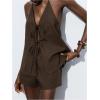 image:imageMakeMeChic Womens Summer 2 Piece Set Tie Front Halter Tops Linen Shorts Sets Vacation OutfitsCoffee Brown