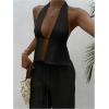 image:imageMakeMeChic Womens Summer 2 Piece Sets Backless Halter Tank Top Wide Leg Linen Pants Set Vacation OutfitsBlack
