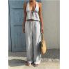 image:imageMakeMeChic Womens Summer 2 Piece Sets Backless Halter Tank Top Wide Leg Linen Pants Set Vacation OutfitsStriped Grey