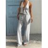 image:imageMakeMeChic Womens Summer 2 Piece Sets Backless Halter Tank Top Wide Leg Linen Pants Set Vacation OutfitsStriped Grey