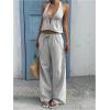 image:imageMakeMeChic Womens Summer 2 Piece Sets Backless Halter Tank Top Wide Leg Linen Pants Set Vacation OutfitsStriped Grey