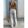image:imageMakeMeChic Womens Summer 2 Piece Sets Backless Halter Tank Top Wide Leg Linen Pants Set Vacation OutfitsStriped Grey