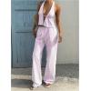 image:imageMakeMeChic Womens Summer 2 Piece Sets Backless Halter Tank Top Wide Leg Linen Pants Set Vacation OutfitsStriped Pink