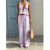 image:imageMakeMeChic Womens Summer 2 Piece Sets Backless Halter Tank Top Wide Leg Linen Pants Set Vacation OutfitsStriped Pink
