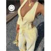 image:imageMakeMeChic Womens Summer 2 Piece Sets Backless Halter Tank Top Wide Leg Linen Pants Set Vacation OutfitsStriped Yellow