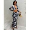 image:imageMakeMeChic Womens Two Piece Outfits Maxi Skirt Set Floral Print Long Sleeves Deep V Neck Going Out Top Vacation SetsBlack and White