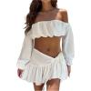 image:imageMakeMeChic Womens 2 Piece Fall Outfits Off The Shoulder Long Sleeve Crop Tops and Mini Skirt Clothing SetWhite