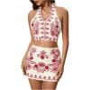 image:imageMakeMeChic Womens 2 Piece Skirt Set Cowboy Chic Halter Linen Vacation Set Floral Embroidery OutfitsRed