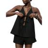 image:imageMakeMeChic Womens Summer 2 Piece Set Tie Front Halter Tops Linen Shorts Sets Vacation OutfitsBlack
