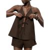 image:imageMakeMeChic Womens Summer 2 Piece Set Tie Front Halter Tops Linen Shorts Sets Vacation OutfitsCoffee Brown