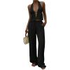 image:imageMakeMeChic Womens Summer 2 Piece Sets Backless Halter Tank Top Wide Leg Linen Pants Set Vacation OutfitsBlack