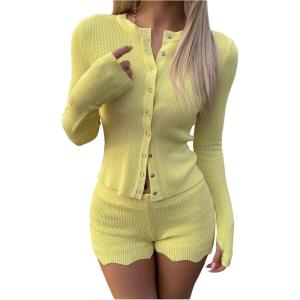 image:imageMakeMeChic Womens 2 Piece Fall Outfit Long Sleeve Button Down Knit Tops and Shorts SetYellow