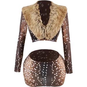 image:imageMakeMeChic Womens 2 Piece Fall Outfits Fur Dots Print Long Sleeve Crop Top and Mini Skirt Matching SetKhaki