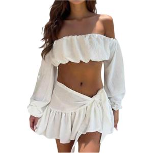 image:imageMakeMeChic Womens 2 Piece Fall Outfits Off The Shoulder Long Sleeve Crop Tops and Mini Skirt Clothing SetWhite
