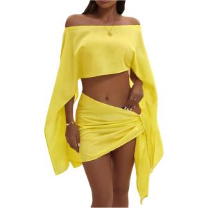 image:imageMakeMeChic Womens 2 Piece Fall Outfits Split Sleeve Asymmetrical Crop Tops and Mini Skirts Clothing SetYellow