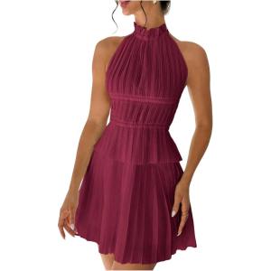 image:imageMakeMeChic Womens 2 Piece Outfits Tie Backless Halter Tops and Pleated Mini Skirt SetsBurgundy