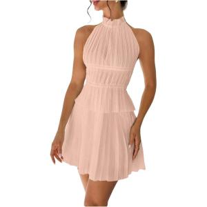 image:imageMakeMeChic Womens 2 Piece Outfits Tie Backless Halter Tops and Pleated Mini Skirt SetsPink