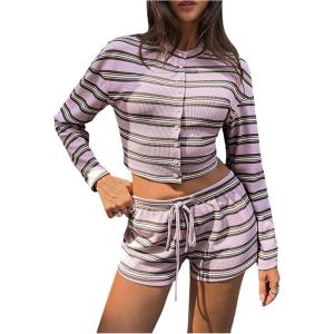 image:imageMakeMeChic Womens 2 Piece Spring Outfits Striped Long Sleeve Button Down Crew Neck Cardigan and Mini Shorts SetMulticolor