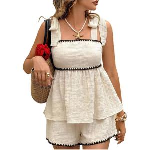 image:imageMakeMeChic Womens 2 Piece Summer Outfits Contrast Binding Sleeveless Peplum Top and Mini Shorts Clothing SetsApricot
