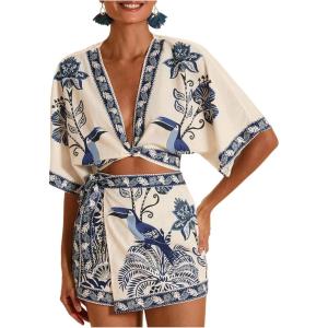 image:imageMakeMeChic Womens 2 Piece Summer Set Boho Floral Crop Tops Wrap Skort Beach Vacation OutfitsBlue and Khaki