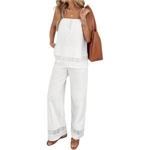 image:imageMakeMeChic Womens 2 Piece Summer Vacation Outfits Lace Tie Front Cami Tops Wide Leg Pants SetWhite