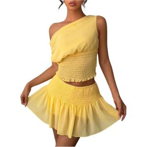 image:imageMakeMeChic Womens 2 Piece Y2k Outfit Off The Shoulder Shirred Crop Tops and Mini Skirt SetYellow