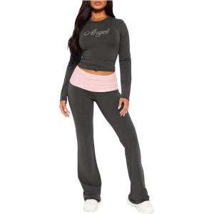 image:imageMakeMeChic Womens 2 Piece Y2k Outfit Rhinestone Long Sleeve Crop Tops and Ruched Pants SetDark Grey