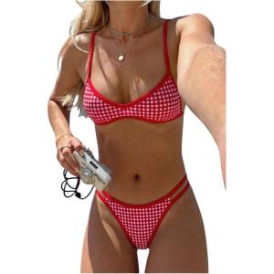 image:imageMakeMeChic Womens Boho Micro Thong Bikini Sets Cheetah Gingham High Cut Sexy Cute Bathing Suit SwimsuitRed