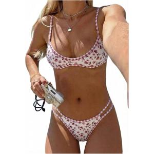 image:imageMakeMeChic Womens Boho Micro Thong Bikini Sets Cheetah Gingham High Cut Sexy Cute Bathing Suit SwimsuitRed White Floral