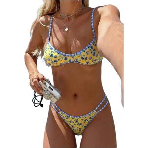 image:imageMakeMeChic Womens Boho Micro Thong Bikini Sets Cheetah Gingham High Cut Sexy Cute Bathing Suit SwimsuitYellow Blue Floral
