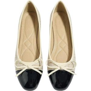 image:imageMakeMeChic Womens Bow Knot Polka Dots Flat Shoes Beaded Closed Toe Ballet Spring Summer FlatsApricot and Black