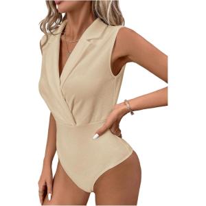 image:imageMakeMeChic Womens Collared Bodysuits Wrap V Neck Sleeveless Dressy Business Casual Blouse TopsApricot